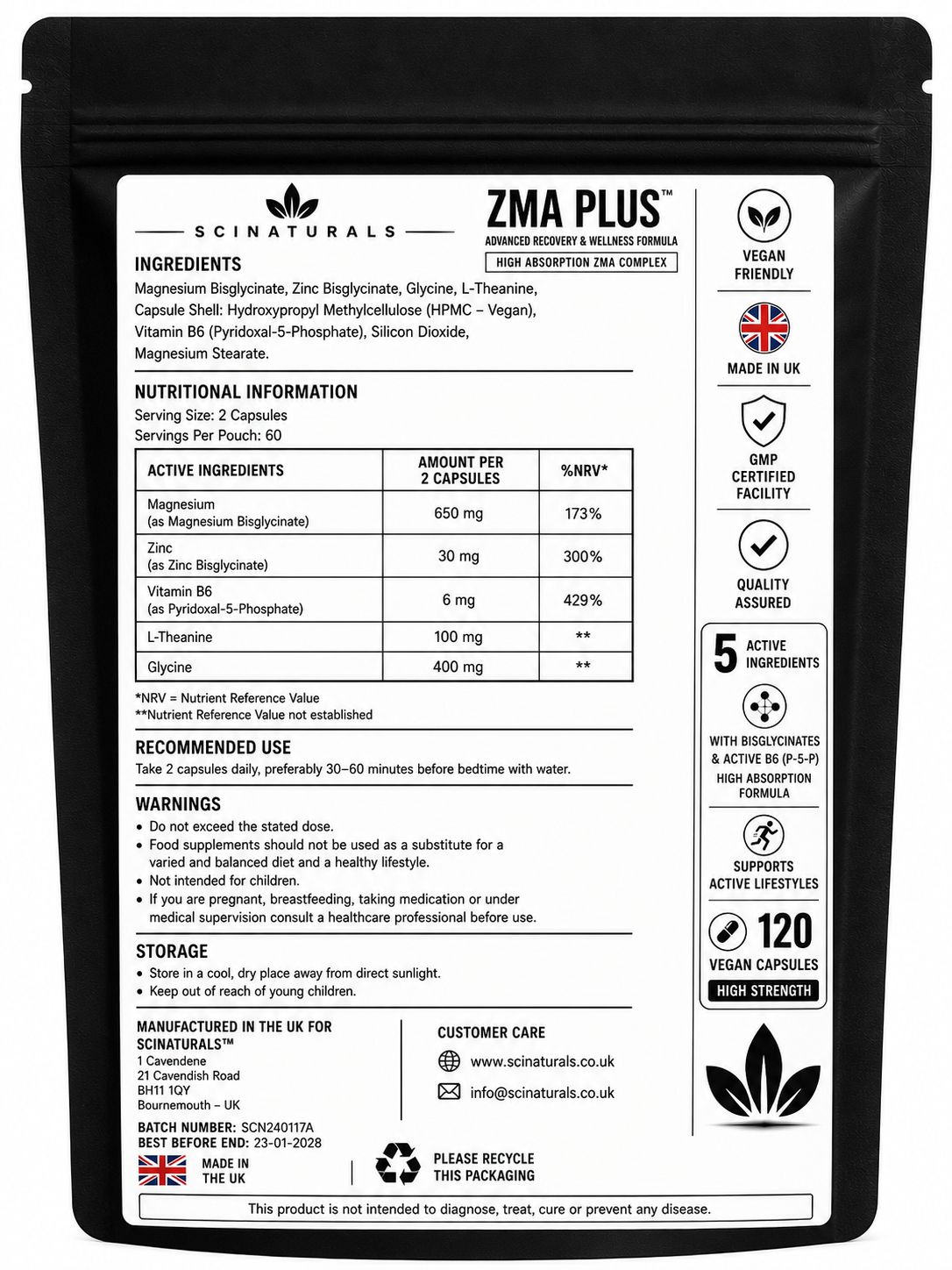 ZMA Plus Night Recovery – Magnesium Bisglycinate, Zinc & Vitamin B6 with L-Theanine & Glycine | 120 Vegan Capsules