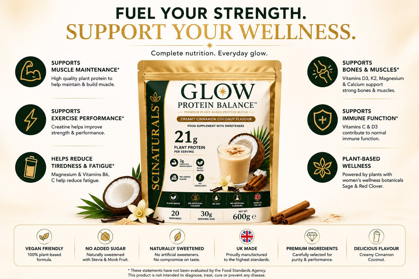 Glow Protein Balance™ – Premium Plant-Based Protein Powder | 21g Protein + 3g Creatine | Creamy Cinnamon Coconut | 600g