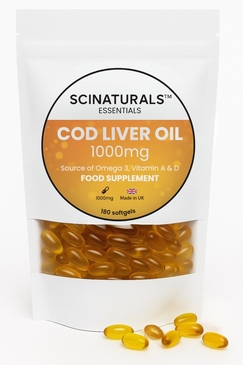 Cod Liver Oil 1000mg Softgel Capsules, High Strength Omega 3 Fatty Acids EPA & DHA with Vitamins A and D