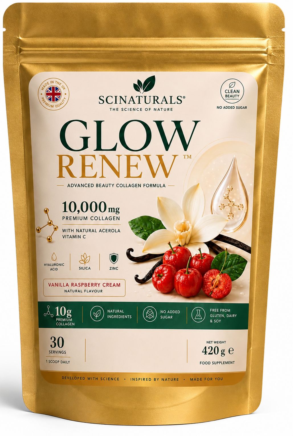 Glow Renew™ Hydrolysed Collagen Powder | 10,000mg Collagen with Vitamin C, Hyaluronic Acid & Glycine | Vanilla Raspberry Cream | 420g (30 Servings).