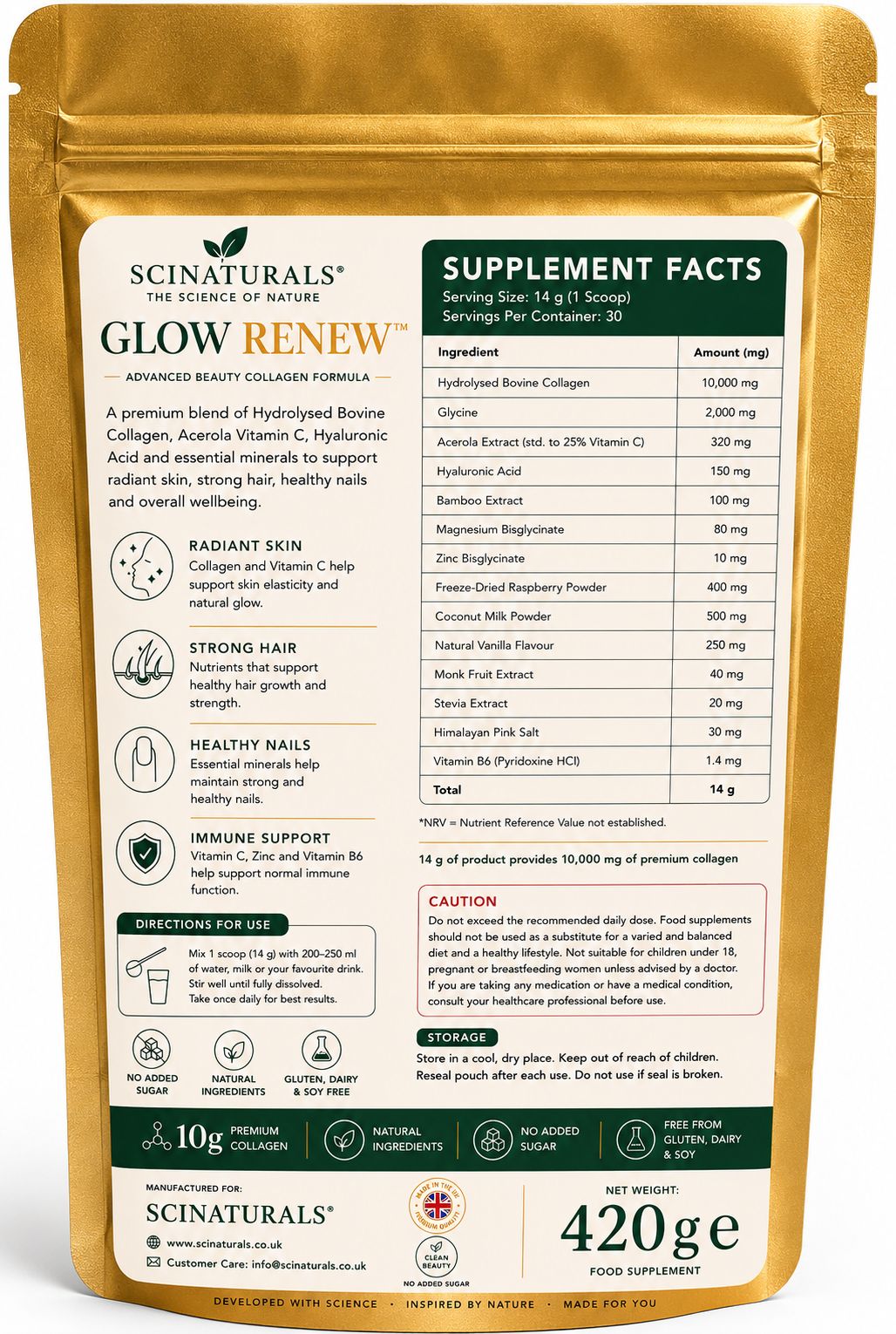 Glow Renew™ Hydrolysed Collagen Powder | 10,000mg Collagen with Vitamin C, Hyaluronic Acid & Glycine | Vanilla Raspberry Cream | 420g (30 Servings).