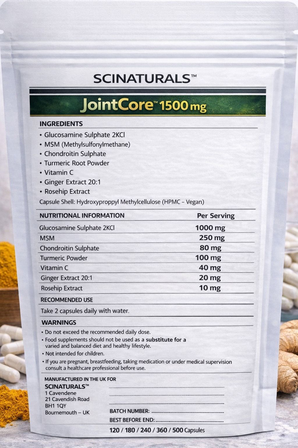 JointCore 1500 mg - Advanced Joint Support Complex with Glucosamine, Chondroitin MSM , Vitamin C, Turmeric Ginger & Rosehip