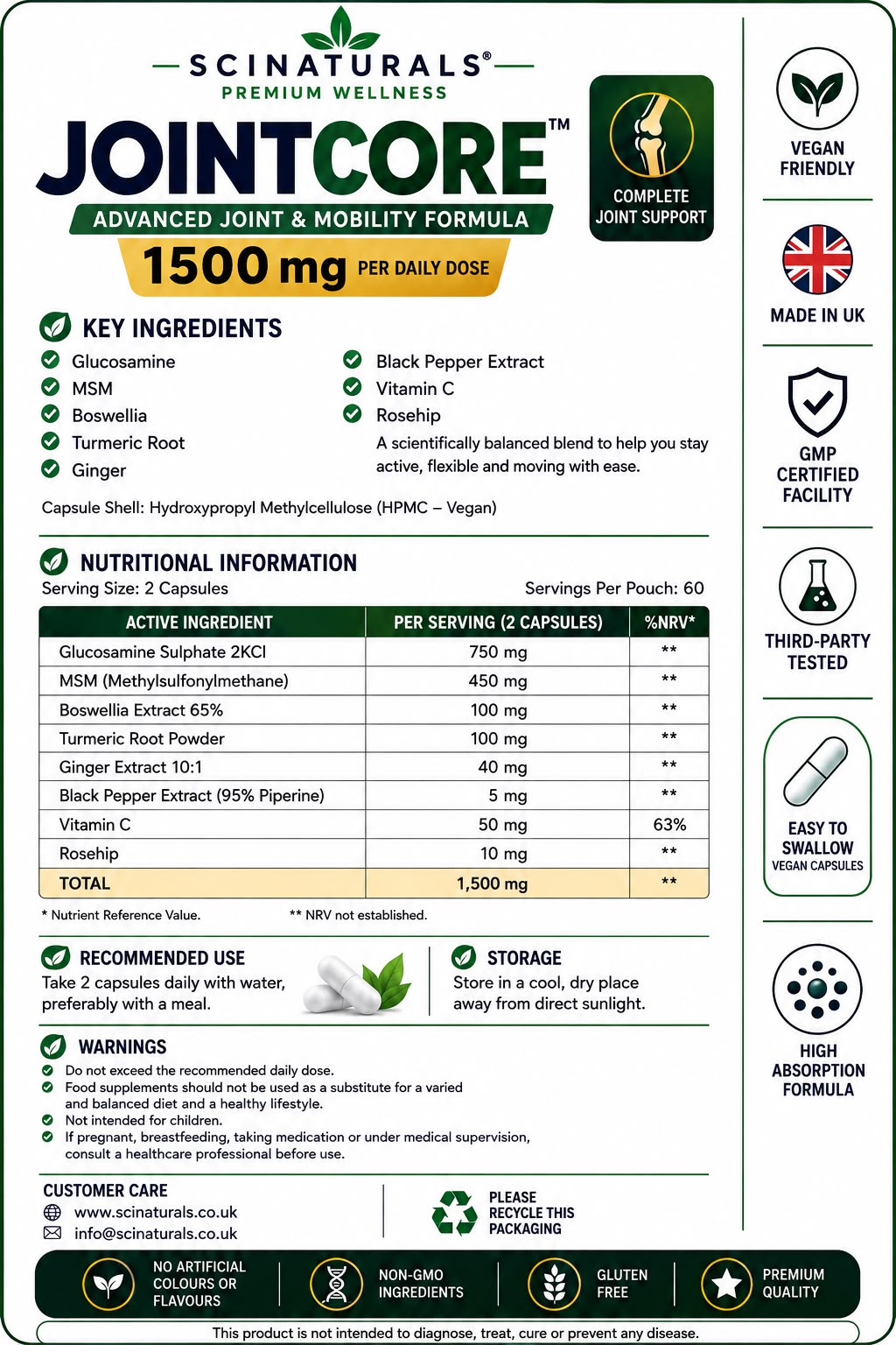 JointCore 1500 mg - Advanced Joint Support Complex with Glucosamine, Boswellia Extract 65%,MSM , Vitamin C, Turmeric Ginger & Rosehip