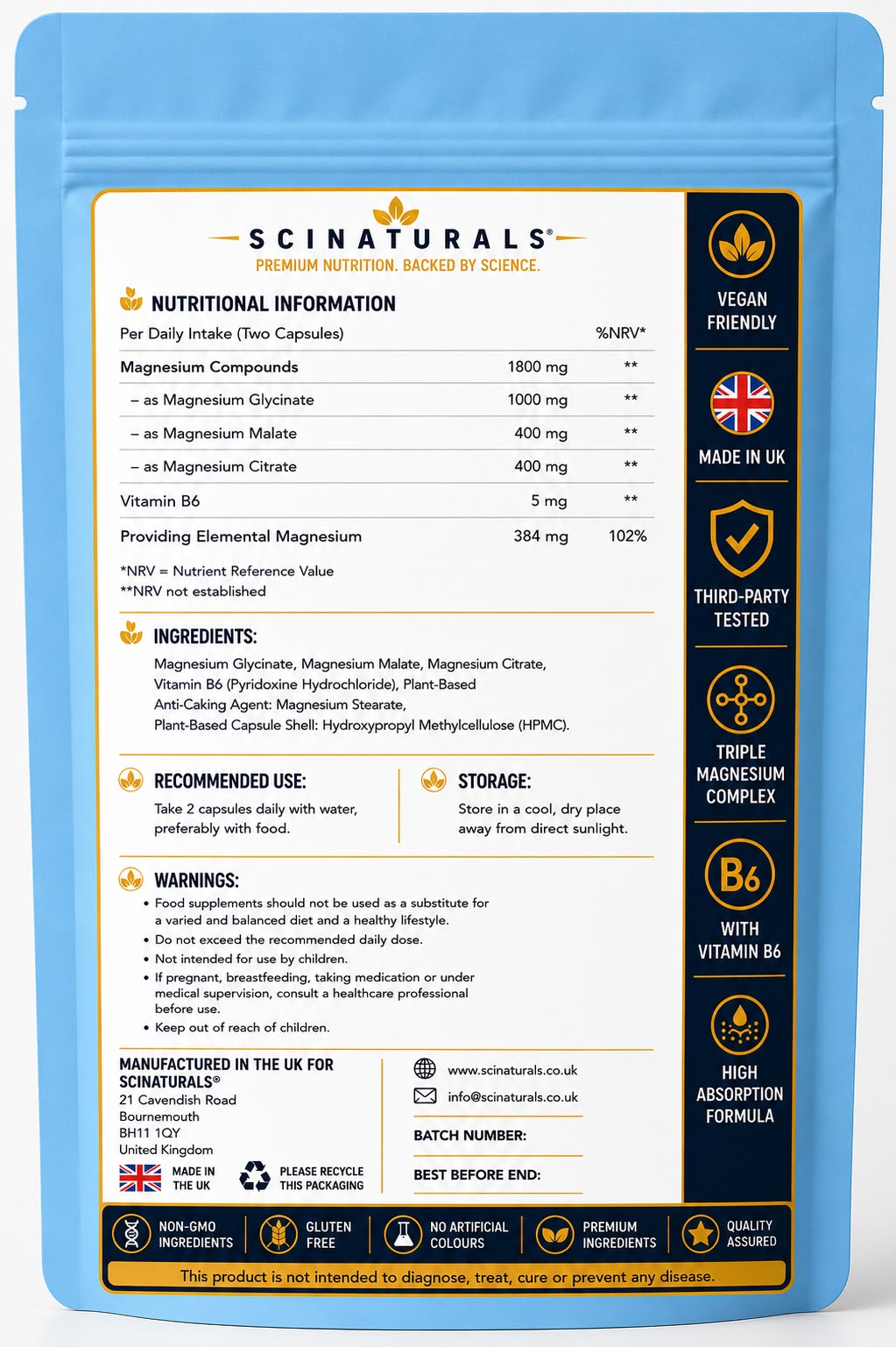 Triple Magnesium Complex (Glycinate + Malate + Citrate) 1800mg with Vitamin B6 | 120 Vegan Capsules | MAGCORE™ |