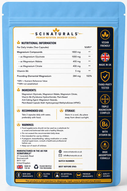 Triple Magnesium Complex (Glycinate + Malate + Citrate) 1800mg with Vitamin B6 | 120 Vegan Capsules | MAGCORE™ |