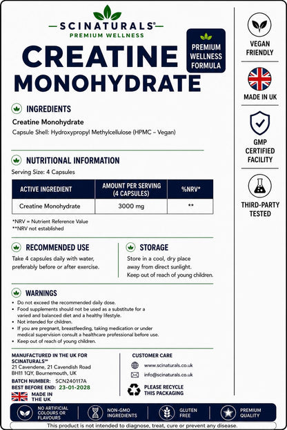 Creatine Monohydrate Capsules 3000 mg per serving - Strength, Performance & Muscle and Cognitive  Support