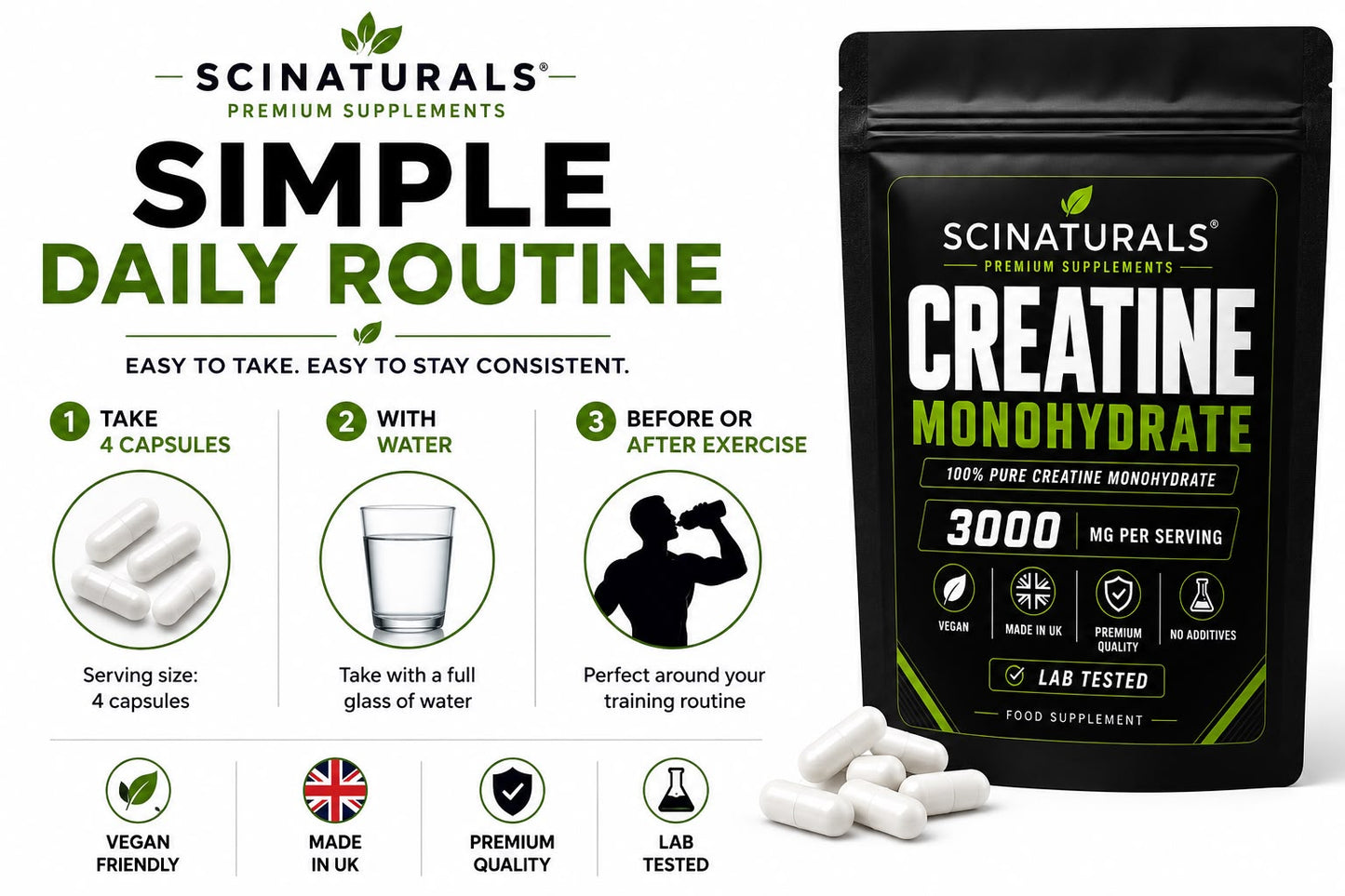 Creatine Monohydrate Capsules 3000 mg per serving - Strength, Performance & Muscle and Cognitive  Support