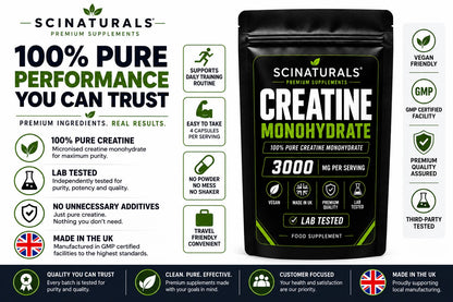 Creatine Monohydrate Capsules 3000 mg per serving - Strength, Performance & Muscle and Cognitive  Support