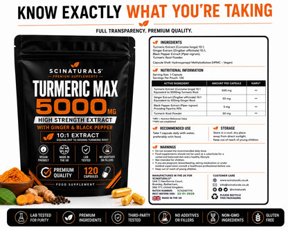 Turmeric Max 5000mg High Strength Extract with Ginger & Black pepper -Vegan Capsules