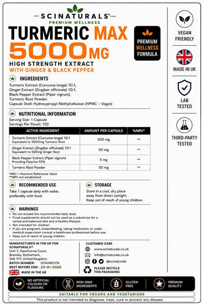 Turmeric Max 5000mg High Strength Extract with Ginger & Black pepper -Vegan Capsules