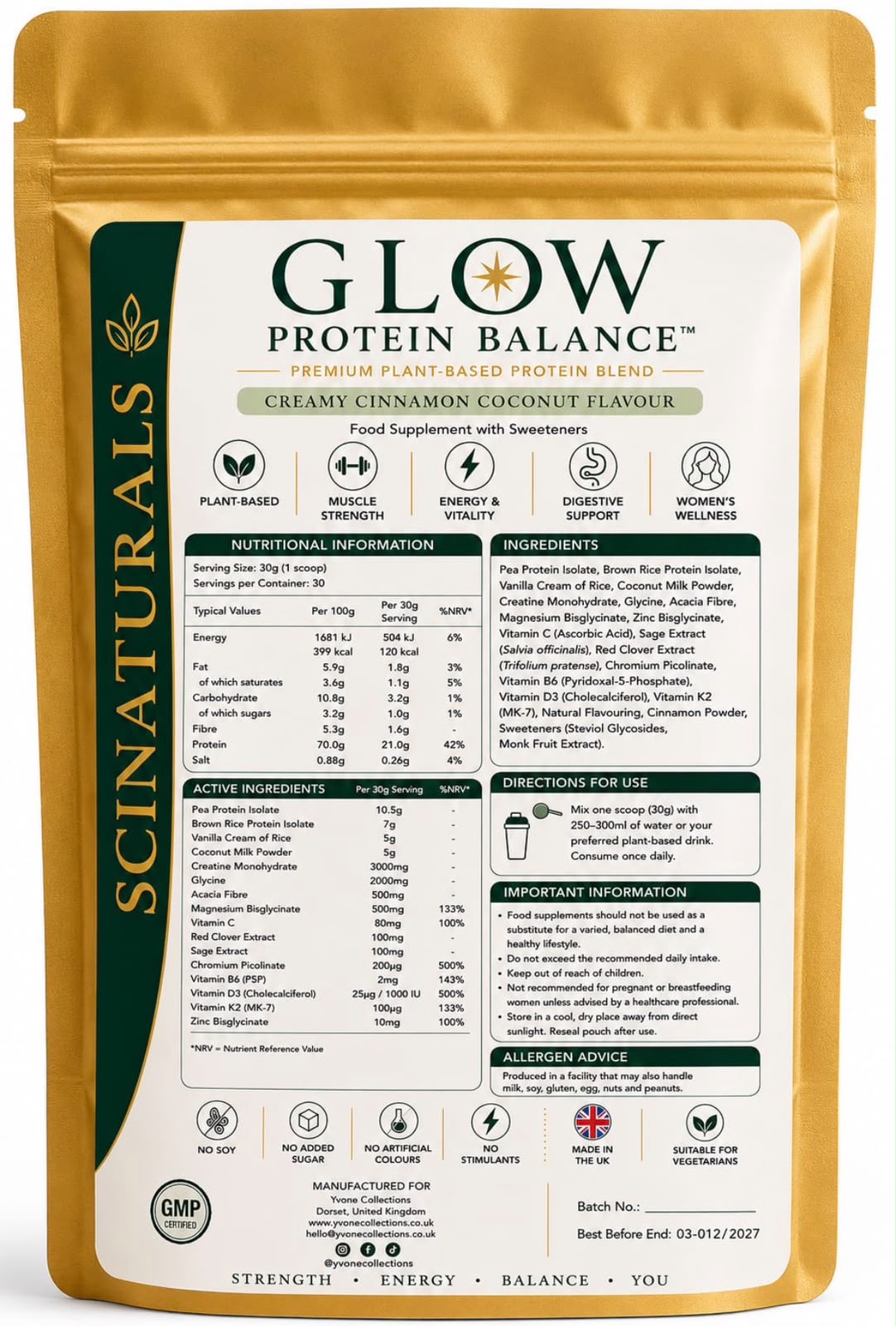 Glow Protein Balance™ – Premium Plant-Based Protein Powder | 21g Protein + 3g Creatine | Creamy Cinnamon Coconut | 600g