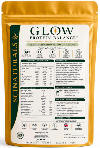 Glow Protein Balance™ – Premium Plant-Based Protein Powder | 21g Protein + 3g Creatine | Creamy Cinnamon Coconut | 600g