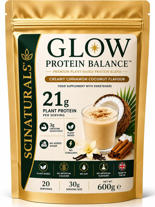 Glow Protein Balance™ – Premium Plant-Based Protein Powder | 21g Protein + 3g Creatine | Creamy Cinnamon Coconut | 600g