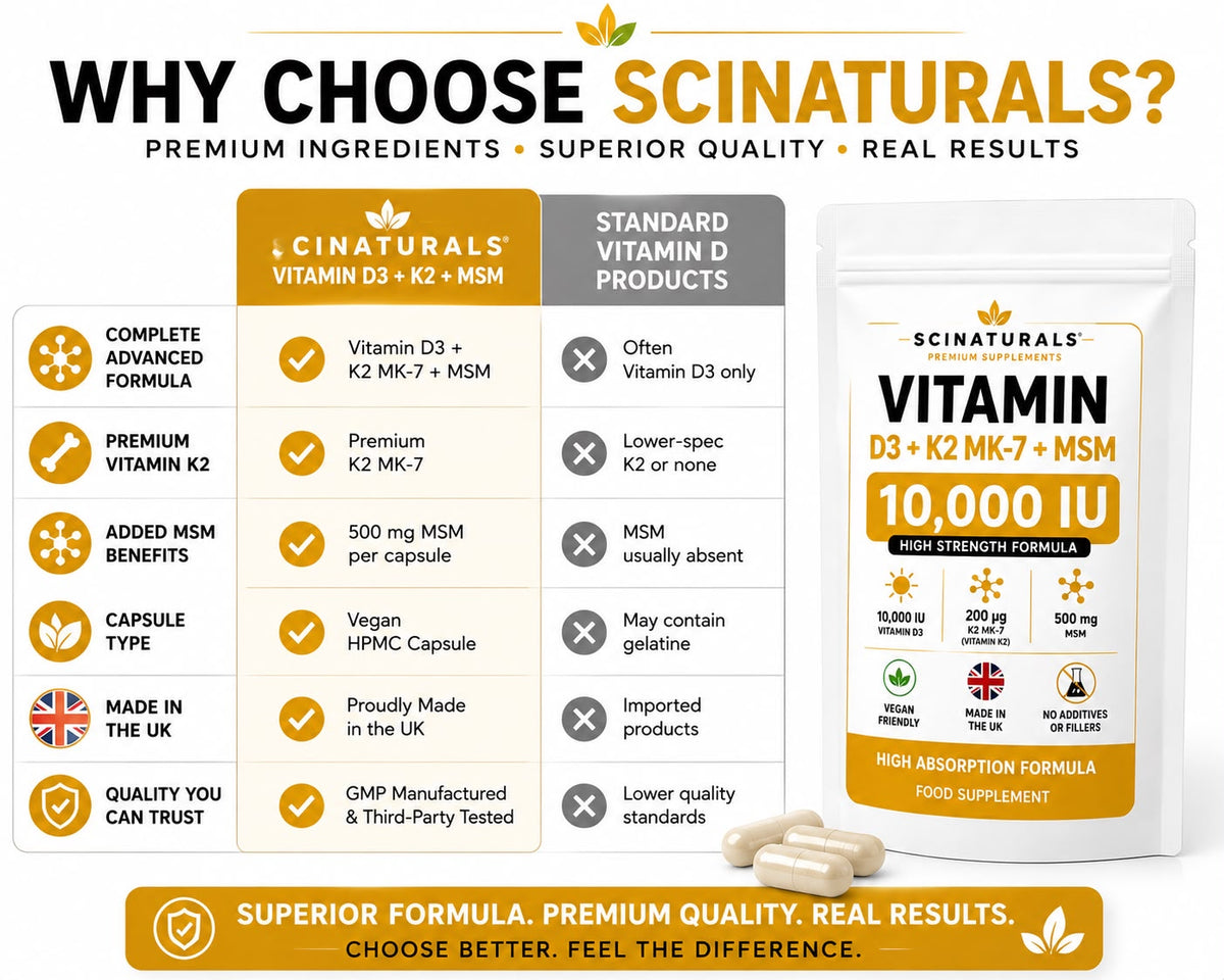 Vitamin D3 10,000 IU + K2 MK-7 200µg Capsules | High Strength | UK Made |