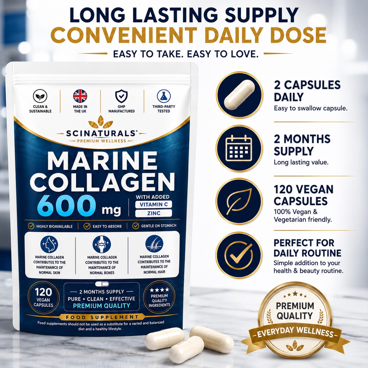 Hydrolysed Type 1 Marine Collagen 600mg with Vitamin C & Zinc