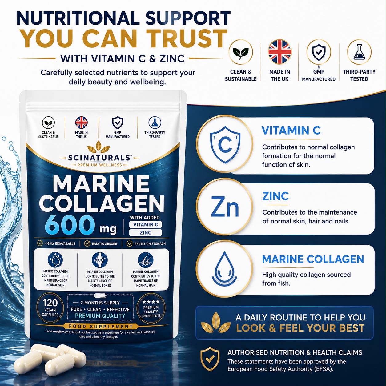 Hydrolysed Type 1 Marine Collagen 600mg with Vitamin C & Zinc