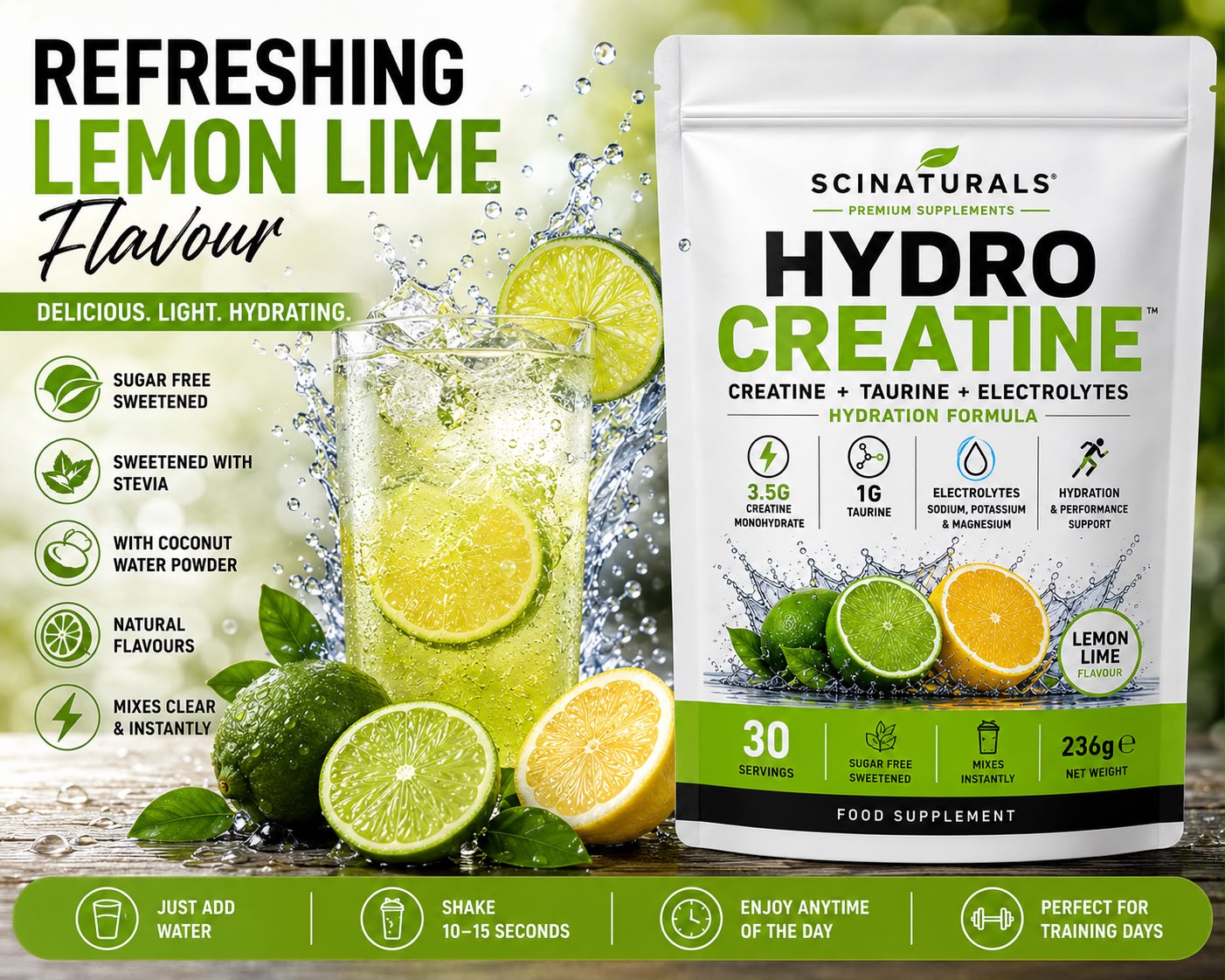 HydroCreatine – Creatine + Taurine + Electrolytes | Lemon Lime | 30 Servings