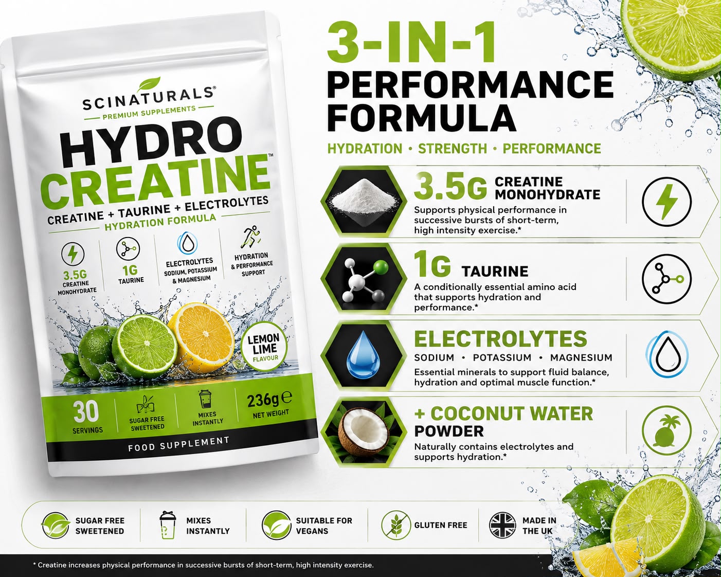 HydroCreatine – Creatine + Taurine + Electrolytes | Lemon Lime | 30 Servings