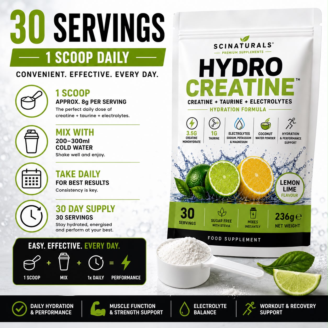 HydroCreatine – Creatine + Taurine + Electrolytes | Lemon Lime | 30 Servings