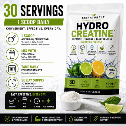 HydroCreatine – Creatine + Taurine + Electrolytes | Lemon Lime | 30 Servings