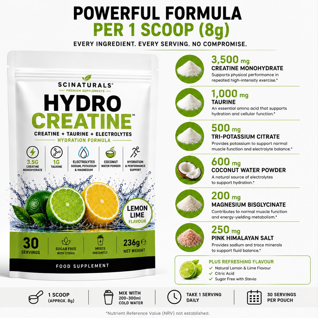 HydroCreatine – Creatine + Taurine + Electrolytes | Lemon Lime | 30 Servings