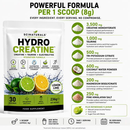 HydroCreatine – Creatine + Taurine + Electrolytes | Lemon Lime | 30 Servings