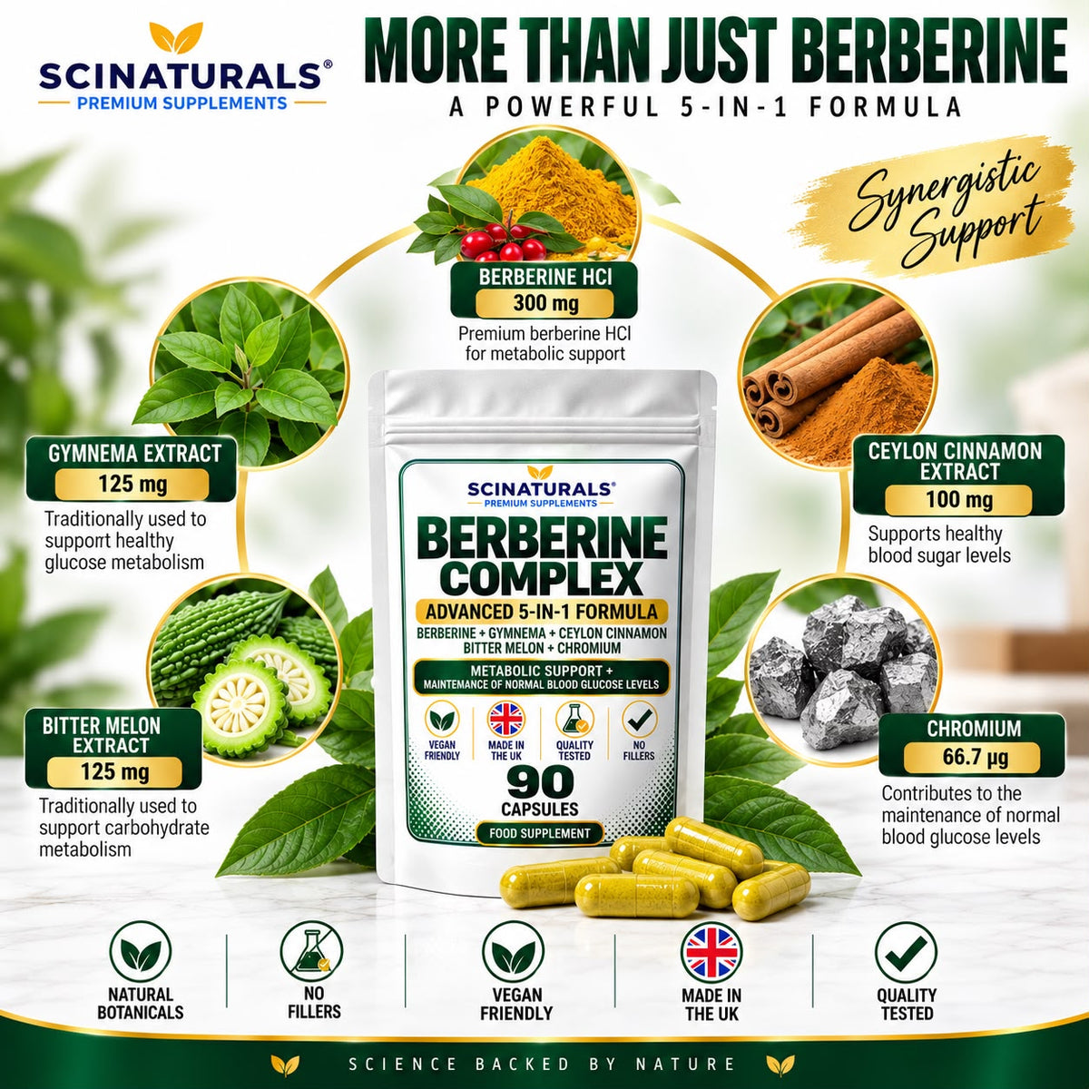 Berberine Complex 5-in-1 – Berberine, Gymnema, Ceylon Cinnamon, Bitter Melon & Chromium – 90 Capsules