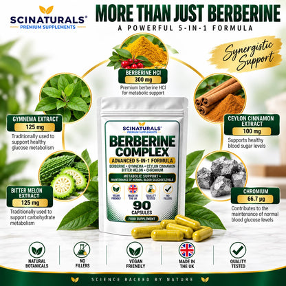 Berberine Complex 5-in-1 – Berberine, Gymnema, Ceylon Cinnamon, Bitter Melon & Chromium – 90 Capsules