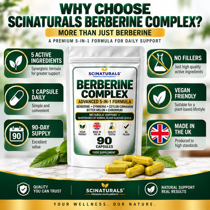 Berberine Complex 5-in-1 – Berberine, Gymnema, Ceylon Cinnamon, Bitter Melon & Chromium – 90 Capsules