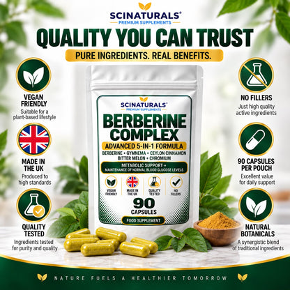 Berberine Complex 5-in-1 – Berberine, Gymnema, Ceylon Cinnamon, Bitter Melon & Chromium – 90 Capsules