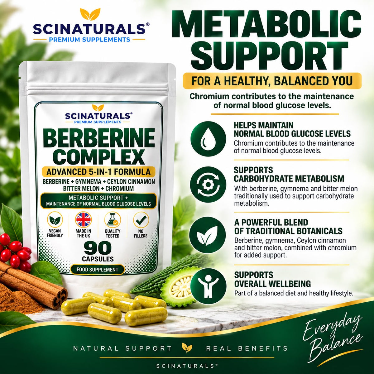 Berberine Complex 5-in-1 – Berberine, Gymnema, Ceylon Cinnamon, Bitter Melon & Chromium – 90 Capsules