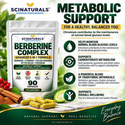 Berberine Complex 5-in-1 – Berberine, Gymnema, Ceylon Cinnamon, Bitter Melon & Chromium – 90 Capsules