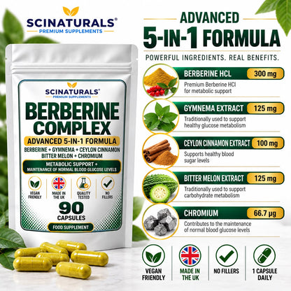 Berberine Complex 5-in-1 – Berberine, Gymnema, Ceylon Cinnamon, Bitter Melon & Chromium – 90 Capsules