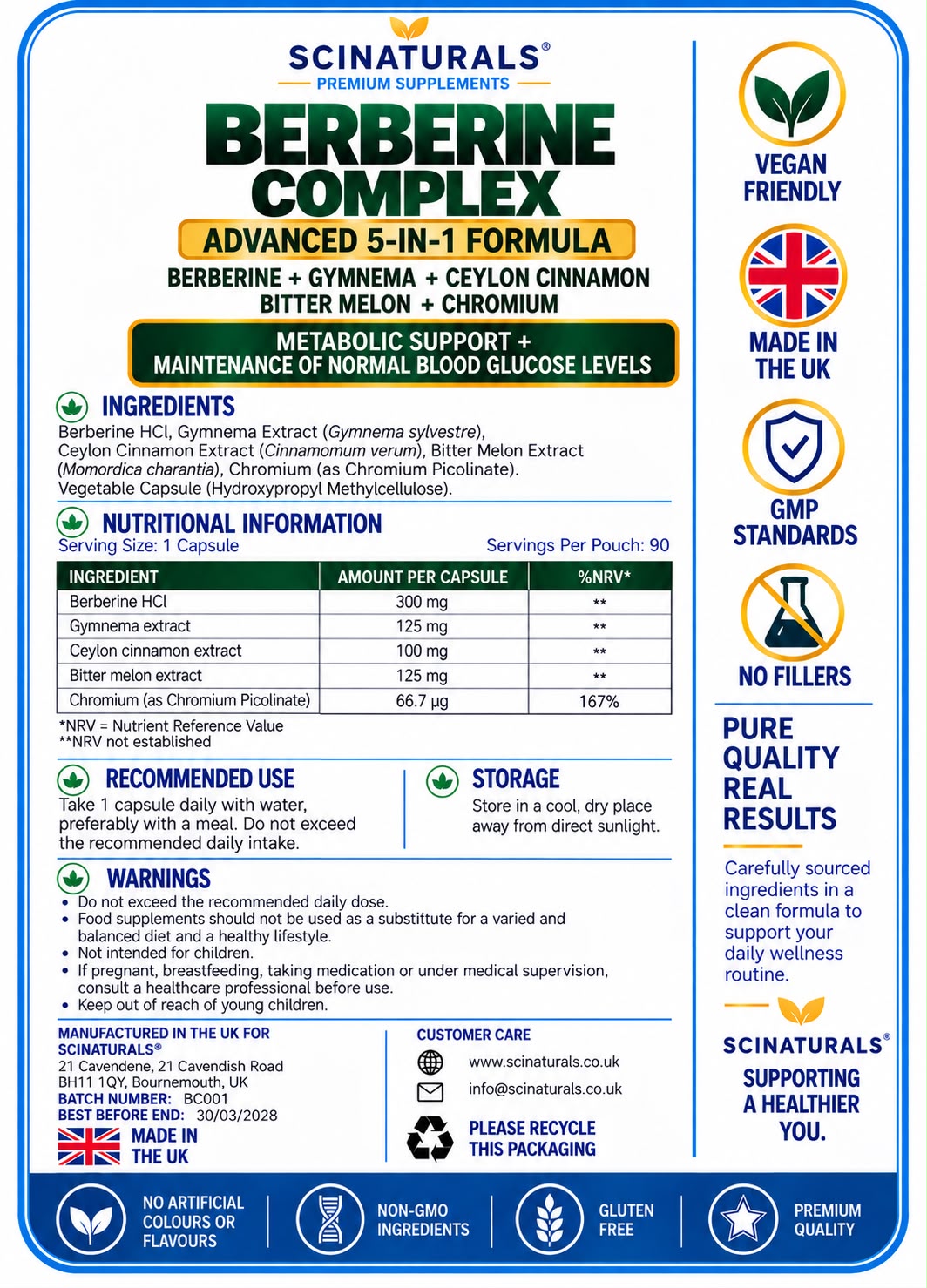 Berberine Complex 5-in-1 – Berberine, Gymnema, Ceylon Cinnamon, Bitter Melon & Chromium – 90 Capsules