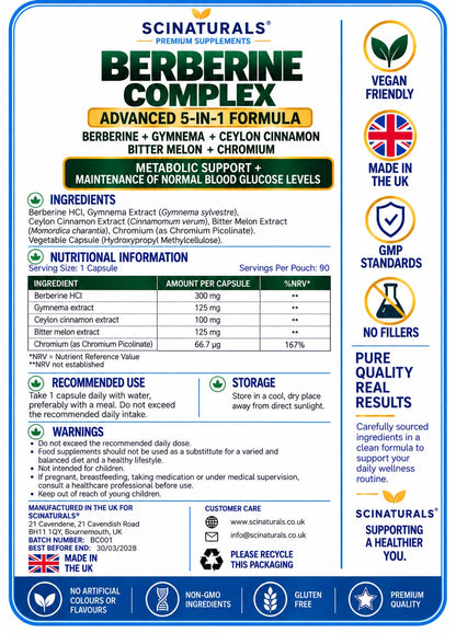 Berberine Complex 5-in-1 – Berberine, Gymnema, Ceylon Cinnamon, Bitter Melon & Chromium – 90 Capsules