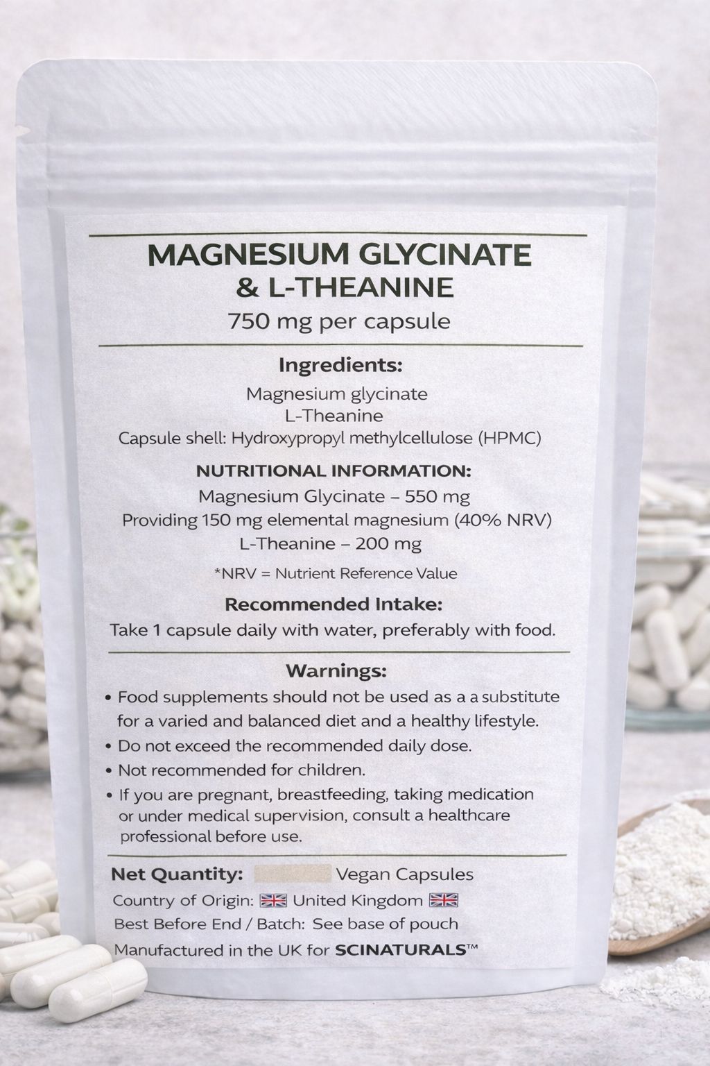 Magnesium Glycinate & L-Theanine 750mg Capsules – Calm, Sleep & Nervous System Support