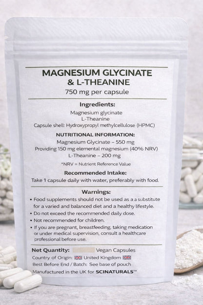 Magnesium Glycinate & L-Theanine 750mg Capsules – Calm, Sleep & Nervous System Support