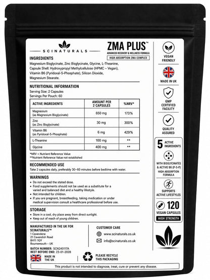 ZMA Plus Night Recovery – Magnesium Bisglycinate, Zinc & Vitamin B6 with L-Theanine & Glycine | 120 Vegan Capsules