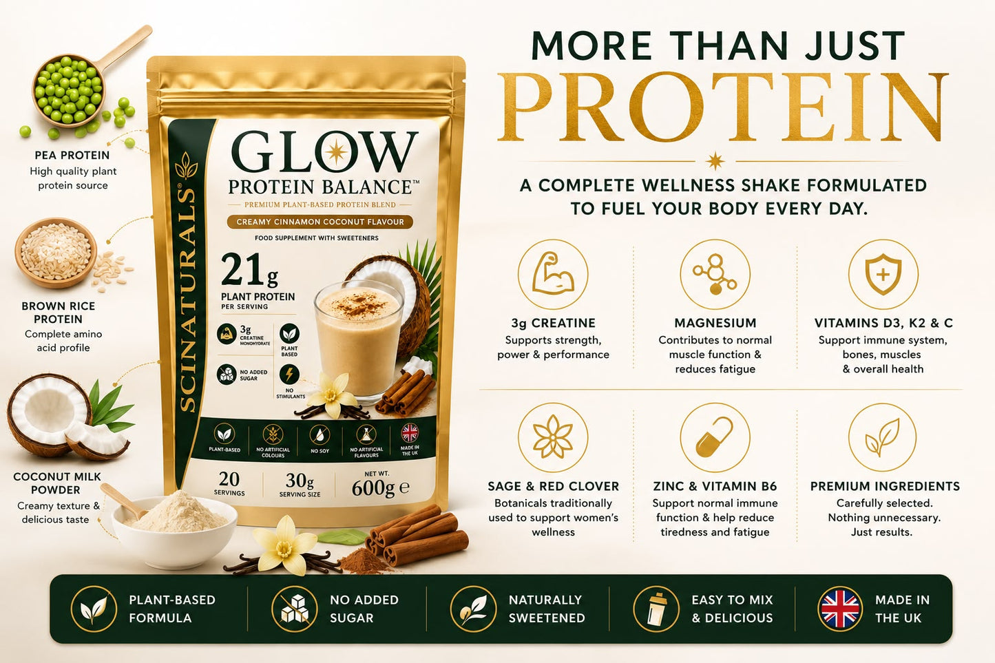 Glow Protein Balance™ – Premium Plant-Based Protein Powder | 21g Protein + 3g Creatine | Creamy Cinnamon Coconut | 600g