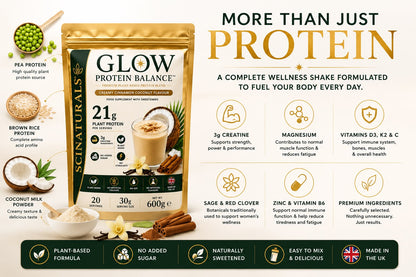 Glow Protein Balance™ – Premium Plant-Based Protein Powder | 21g Protein + 3g Creatine | Creamy Cinnamon Coconut | 600g