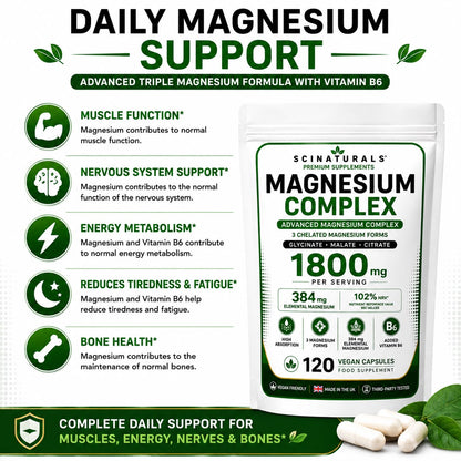 Triple Magnesium Complex (Glycinate + Malate + Citrate) 1800mg with Vitamin B6 | 120 Vegan Capsules |  |
