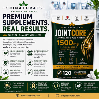 JointCore 1500 mg - Advanced Joint Support Complex with Glucosamine, Boswellia Extract 65%,MSM , Vitamin C, Turmeric Ginger & Rosehip