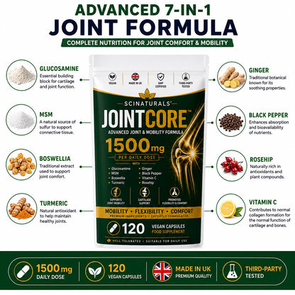 JointCore 1500 mg - Advanced Joint Support Complex with Glucosamine, Boswellia Extract 65%,MSM , Vitamin C, Turmeric Ginger & Rosehip