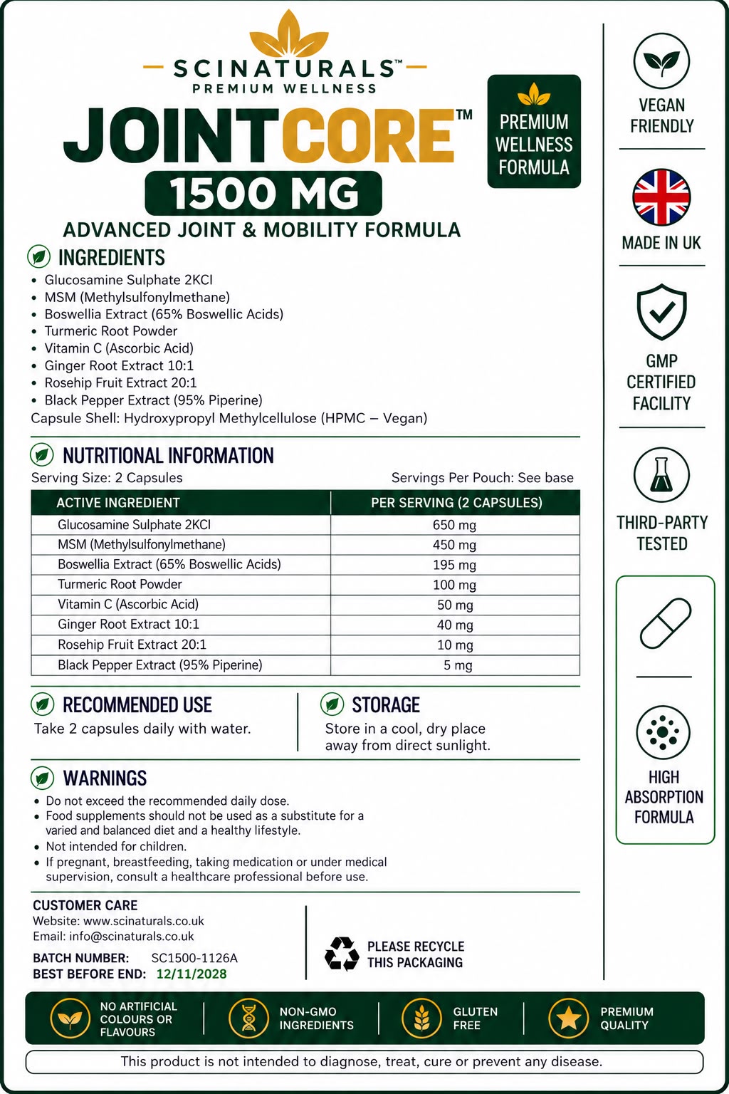 JointCore 1500 mg - Advanced Joint Support Complex with Glucosamine, Boswellia Extract 65%,MSM , Vitamin C, Turmeric Ginger & Rosehip