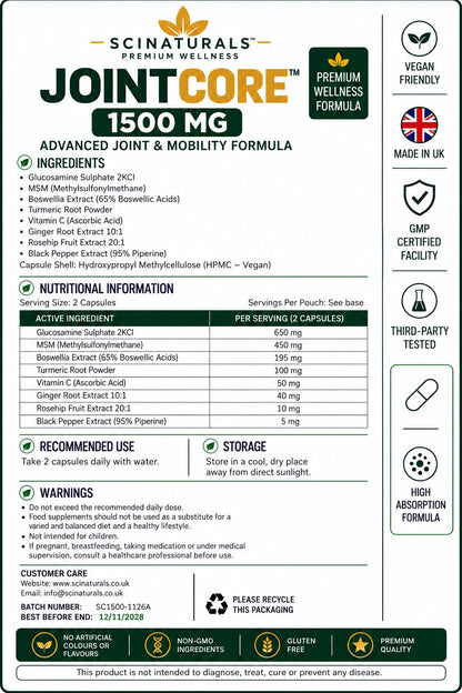 JointCore 1500 mg - Advanced Joint Support Complex with Glucosamine, Boswellia Extract 65%,MSM , Vitamin C, Turmeric Ginger & Rosehip